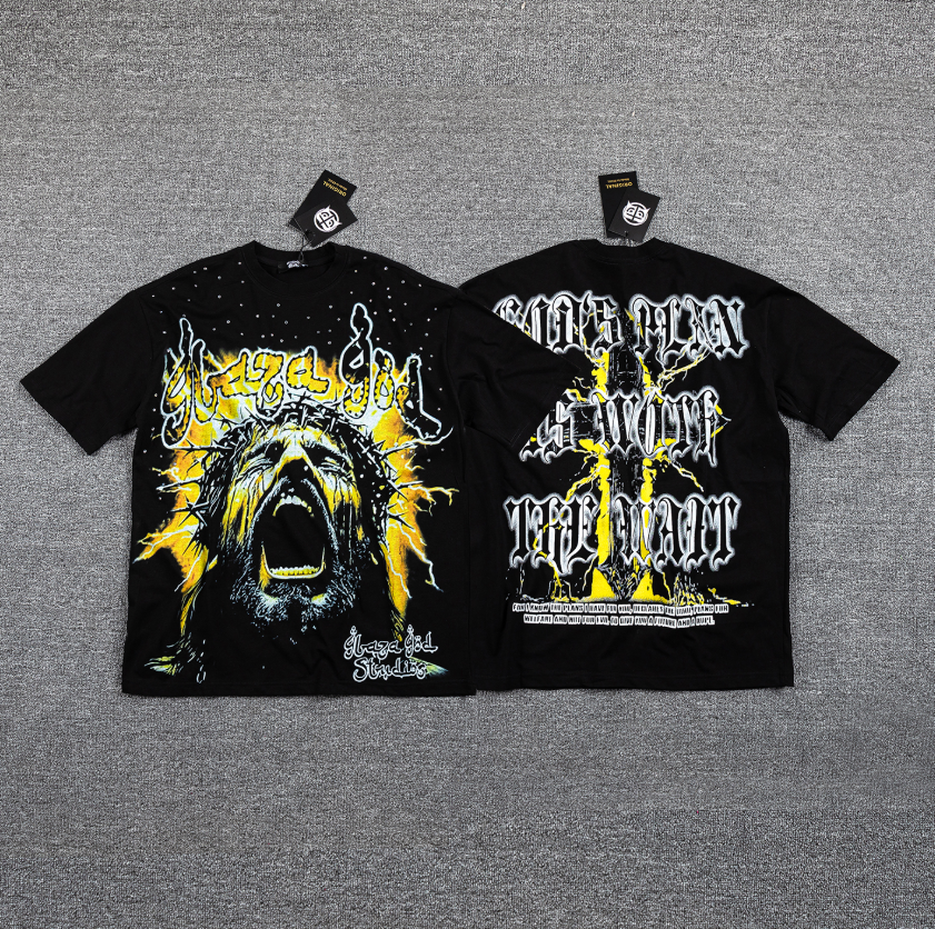 GLAZA GOD Golden Thunder Rhinestone Graphic T-Shirt