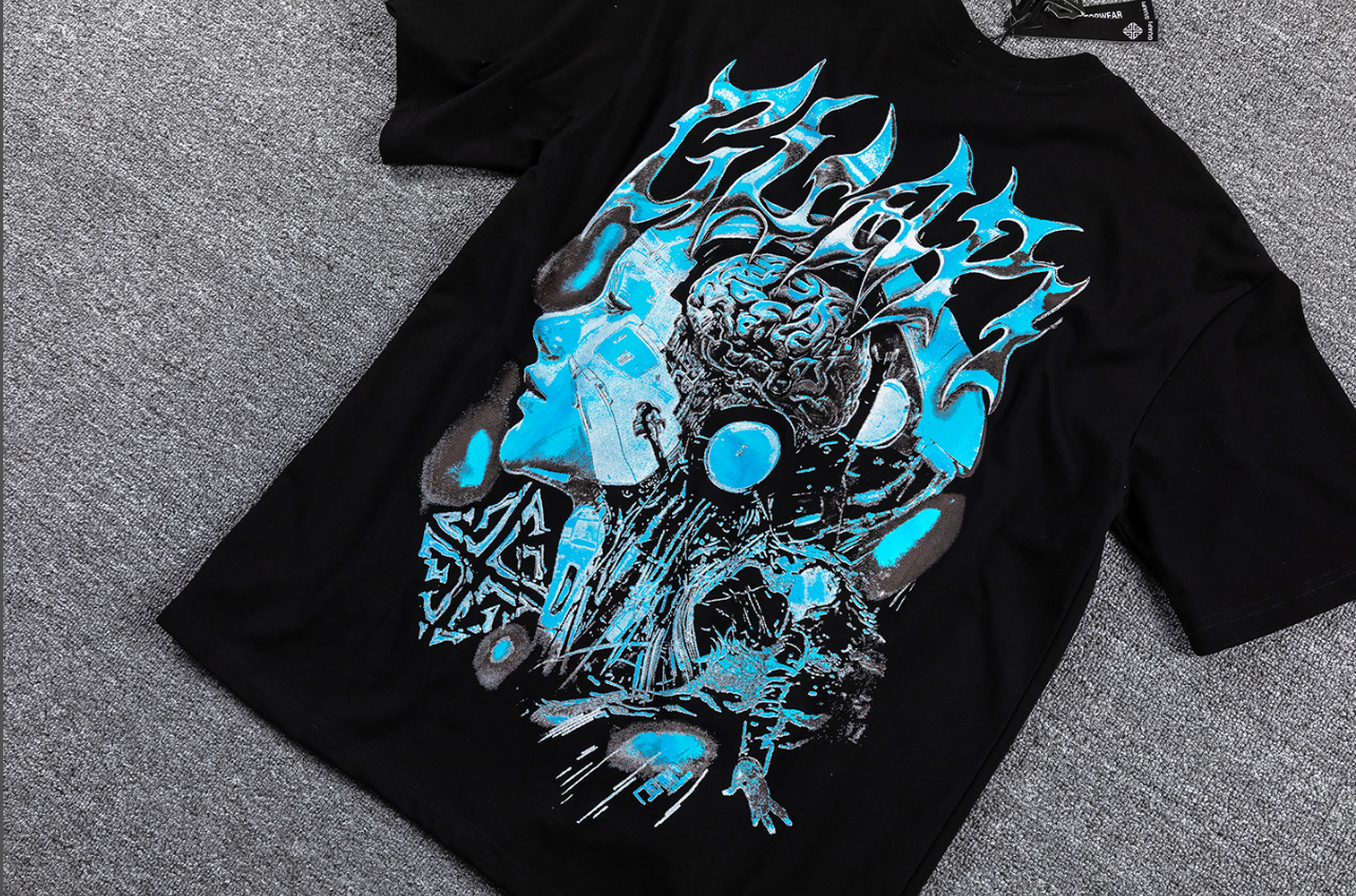 GLAZA GOD Cyber-Tribal Electric Blue Graphic T-Shirt