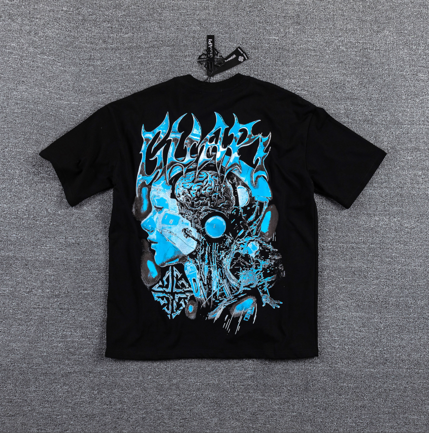 GLAZA GOD Cyber-Tribal Electric Blue Graphic T-Shirt
